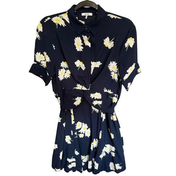 Ganni NWOT Silvery Crepe Twist Dress Daisy Flowy Mini Navy Blue White Size Small - Picture 3 of 12
